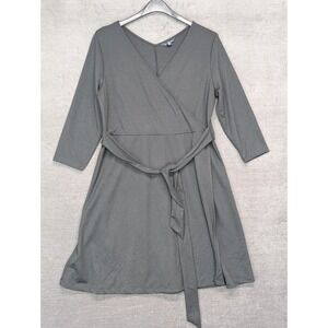 Lands' End Black Knit Faux Wrap Dress Black Career Dress Belted Women's L 14-16